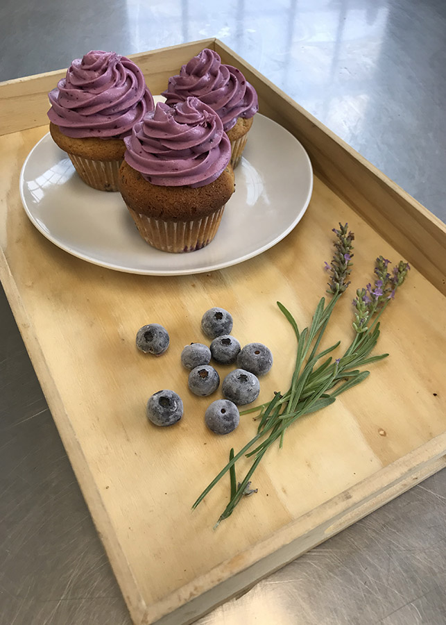 Cupcakes on a platter with blueberries and lavender